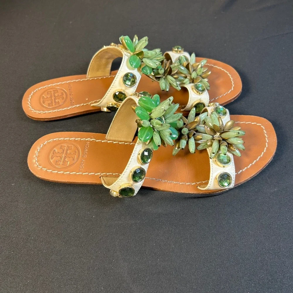 Tory Burch white patent leather green floral gemstone embellished slide sandals